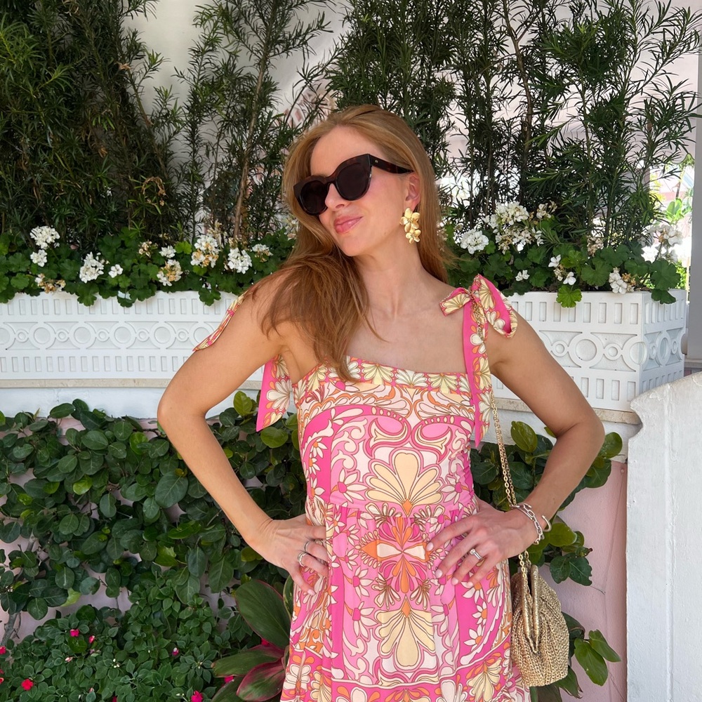 Pink and Orange Floral Dress with Tie Straps